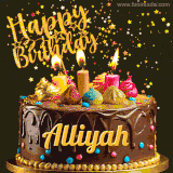 A delightful chocolate birthday cake with bright candles and 'Happy Birthday Alliyah' written in gold amidst a shower of animated stars.