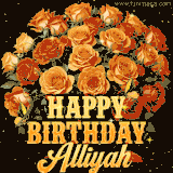 Animated bouquet of orange roses with moving butterfles and golden 'Happy Birthday Alliyah' text, surrounded by sparkling accents and a dark backdrop for a luxurious feel.