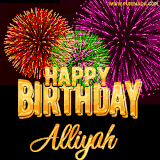 A golden 'Happy Birthday Alliyah' message with vibrant fireworks in the background, creating a festive and celebratory vibe in this animated name GIF.