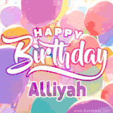 A vibrant name GIF featuring colorful balloons in shades of pink, orange, and yellow with the bold text 'Happy Birthday Alliyah' in festive fonts, creating a lively birthday vibe.