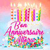 A white birthday cake covered in colorful sprinkles, topped with bright candles, and French text 'Bon Anniversaire Allora' on a pastel gradient background in an animated GIF.