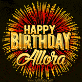 Golden 'Happy Birthday Allora' text accompanied by animated rainbow fireworks for a festive animated greeting.