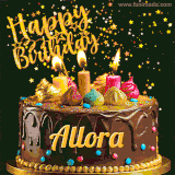 A delightful chocolate birthday cake with bright candles and 'Happy Birthday Allora' written in gold amidst a shower of animated stars.