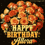 Animated bouquet of orange roses with moving butterfles and golden 'Happy Birthday Allora' text, surrounded by sparkling accents and a dark backdrop for a luxurious feel.
