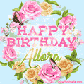 A charming animated GIF featuring 'Happy Birthday Allora' in pink and green text, surrounded by delicate roses, leaves, and fluttering butterflies on a soft light blue pastel background.