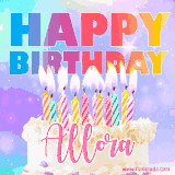 A vibrant animated name GIF with the words 'Happy Birthday Allora' with colorful candles on a creamy cake. The background sparkles with pastel shades, adding a festive touch.