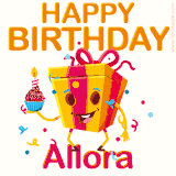 A vibrant and funny gift box character with a happy face dancing with a cupcake and the text 'Happy Birthday Allora,' surrounded by animated confetti and party vibes.