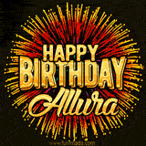 Golden 'Happy Birthday Allura' text accompanied by animated rainbow fireworks for a festive animated greeting.