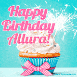 A festive cupcake with pink icing, a gingham bow, and a lit animated sparkler, paired with 'Happy Birthday Allura!' in bright pink text.