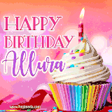 A vibrant birthday GIF featuring a rainbow-colored cupcake topped with white frosting, sprinkles, and a lit candle. The text reads 'Happy Birthday Allura' in bold pink and violet letters with white outline.