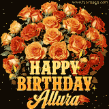 Animated bouquet of orange roses with moving butterfles and golden 'Happy Birthday Allura' text, surrounded by sparkling accents and a dark backdrop for a luxurious feel.