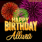 A golden 'Happy Birthday Allura' message with vibrant fireworks in the background, creating a festive and celebratory vibe in this animated name GIF.