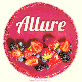 Beautifully decorated red velvet berry birthday cake with vibrant fruits and a glowing 'Allure' name, adding a touch of sweetness and sparkle.