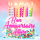 A white birthday cake covered in colorful sprinkles, topped with bright candles, and French text 'Bon Anniversaire Allure' on a pastel gradient background in an animated GIF.