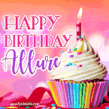 A vibrant birthday GIF featuring a rainbow-colored cupcake topped with white frosting, sprinkles, and a lit candle. The text reads 'Happy Birthday Allure' in bold pink and violet letters with white outline.