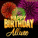 A golden 'Happy Birthday Allure' message with vibrant fireworks in the background, creating a festive and celebratory vibe in this animated name GIF.