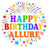 Happy Birthday Allure' GIF with rainbow-colored letters, colorful stars, and fireworks on white background.