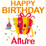 A vibrant and funny gift box character with a happy face dancing with a cupcake and the text 'Happy Birthday Allure,' surrounded by animated confetti and party vibes.
