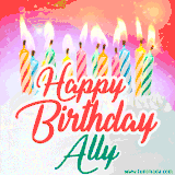 Bright birthday candles with rainbow flames on a cake, alongside the text 'Happy Birthday Ally' in vibrant script in this celebratory animated GIF.