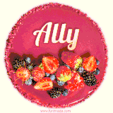 Beautifully decorated red velvet berry birthday cake with vibrant fruits and a glowing 'Ally' name, adding a touch of sweetness and sparkle.