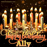 A glowing personalized birthday GIF with name Ally featuring lit candles with intricate designs, warm lighting, and the text 'Happy Birthday' in an elegant font.
