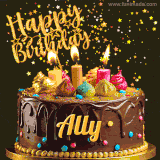 A delightful chocolate birthday cake with bright candles and 'Happy Birthday Ally' written in gold amidst a shower of animated stars.