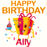A vibrant and funny gift box character with a happy face dancing with a cupcake and the text 'Happy Birthday Ally,' surrounded by animated confetti and party vibes.