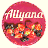 Beautifully decorated red velvet berry birthday cake with vibrant fruits and a glowing 'Allyana' name, adding a touch of sweetness and sparkle.