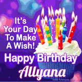 A colorful birthday GIF for Allyana featuring a cupcake with vibrant lit candles and the text 'It's Your Day to Make a Wish! Happy Birthday Allyana' in bold letters on a festive purple background.