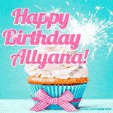 A festive cupcake with pink icing, a gingham bow, and a lit animated sparkler, paired with 'Happy Birthday Allyana!' in bright pink text.