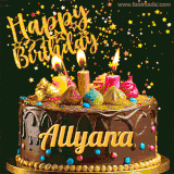 A delightful chocolate birthday cake with bright candles and 'Happy Birthday Allyana' written in gold amidst a shower of animated stars.