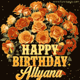 Animated bouquet of orange roses with moving butterfles and golden 'Happy Birthday Allyana' text, surrounded by sparkling accents and a dark backdrop for a luxurious feel.