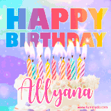 A vibrant animated name GIF with the words 'Happy Birthday Allyana' with colorful candles on a creamy cake. The background sparkles with pastel shades, adding a festive touch.