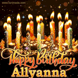A glowing personalized birthday GIF with name Allyanna featuring lit candles with intricate designs, warm lighting, and the text 'Happy Birthday' in an elegant font.