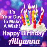 A colorful birthday GIF for Allyanna featuring a cupcake with vibrant lit candles and the text 'It's Your Day to Make a Wish! Happy Birthday Allyanna' in bold letters on a festive purple background.