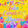 A bright and festive GIF with the text 'Feliz Cumpleaños Allyanna' in Spanish in colorful fonts, surrounded by confetti, balloons, and festive banners on a vibrant yellow background.