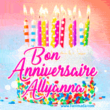 A white birthday cake covered in colorful sprinkles, topped with bright candles, and French text 'Bon Anniversaire Allyanna' on a pastel gradient background in an animated GIF.