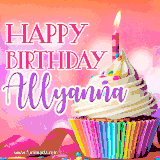 A vibrant birthday GIF featuring a rainbow-colored cupcake topped with white frosting, sprinkles, and a lit candle. The text reads 'Happy Birthday Allyanna' in bold pink and violet letters with white outline.