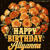Animated bouquet of orange roses with moving butterfles and golden 'Happy Birthday Allyanna' text, surrounded by sparkling accents and a dark backdrop for a luxurious feel.