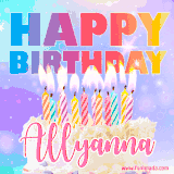 A vibrant animated name GIF with the words 'Happy Birthday Allyanna' with colorful candles on a creamy cake. The background sparkles with pastel shades, adding a festive touch.