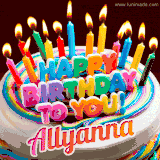 A colorful birthday cake topped with lit candles, with the words 'Happy Birthday Allyanna' in bold glowing letters on a burgundy background. Animated flames add a festive touch.