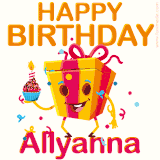 A vibrant and funny gift box character with a happy face dancing with a cupcake and the text 'Happy Birthday Allyanna,' surrounded by animated confetti and party vibes.