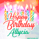 Bright birthday candles with rainbow flames on a cake, alongside the text 'Happy Birthday Allycia' in vibrant script in this celebratory animated GIF.