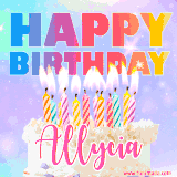 A vibrant animated name GIF with the words 'Happy Birthday Allycia' with colorful candles on a creamy cake. The background sparkles with pastel shades, adding a festive touch.