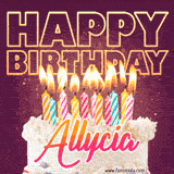 A colorful birthday cake topped with lit candles, with the words 'Happy Birthday Allycia' in bold glowing letters on a burgundy background. Animated flames add a festive touch.