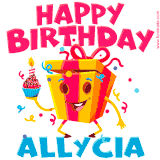 A vibrant and funny gift box character with a happy face dancing with a cupcake and the text 'Happy Birthday Allycia,' surrounded by animated confetti and party vibes.