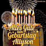 A chocolate birthday cake with glowing candles, the German text 'Alles Gute zum Geburtstag Allyson,' and vibrant fireworks lighting up the background in an animated GIF.