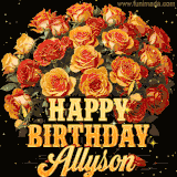 Animated bouquet of orange roses with moving butterfles and golden 'Happy Birthday Allyson' text, surrounded by sparkling accents and a dark backdrop for a luxurious feel.