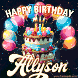 Bright birthday animation for Allyson with a chocolate cake, candles, balloons, and glowing celebratory lights.