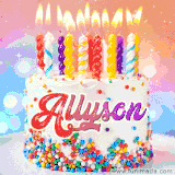 A cheerful white birthday cake with multicolor sprinkles, lit candles, and 'Allyson' written in vibrant letters, in an animated GIF.